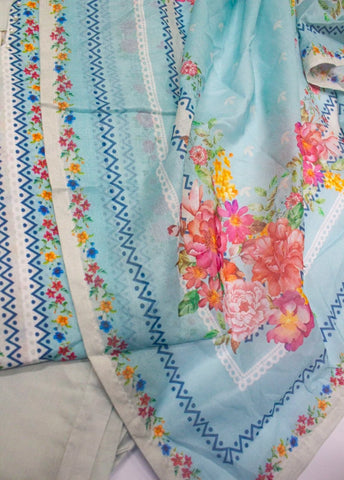 3 Piece Printed Stitched Light Blue Color Lawn Shirt with Trouser & Dupatta
