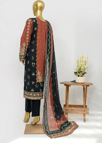 3 Piece Printed Stitched Rust & Black Color Lawn Shirt with Trouser & Dupatta