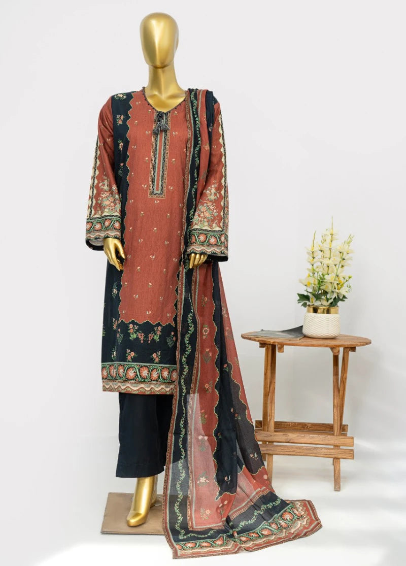 3 Piece Printed Stitched Rust & Black Color Lawn Shirt with Trouser & Dupatta