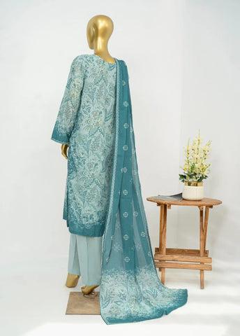 3 Piece Printed Stitched Light Blue Color Lawn Shirt with Trouser & Dupatta