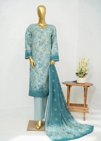 3 Piece Printed Stitched Light Blue Color Lawn Shirt with Trouser & Dupatta