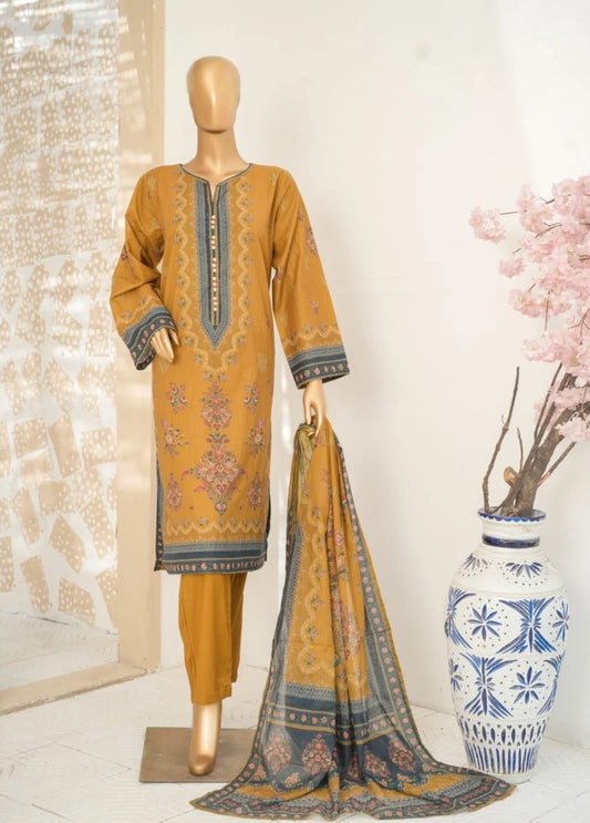 3 Piece Printed Stitched Honey Orange Color Lawn Shirt with Trouser & Dupatta