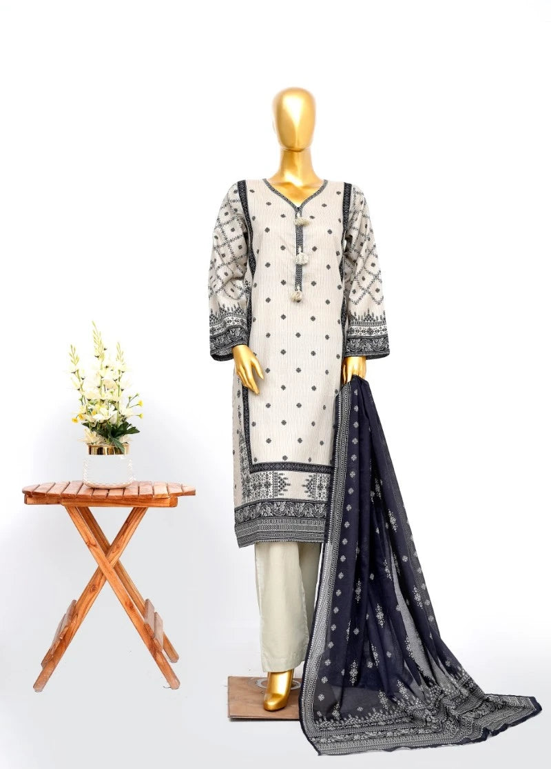 3 Piece Printed Stitched Off White Color Lawn Shirt with Trouser & Dupatta