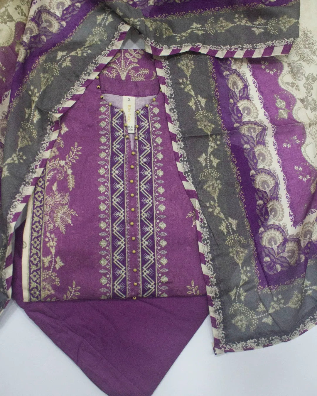 3 Piece Printed Stitched Orchid Color Cotton Shirt with Trouser & Dupatta
