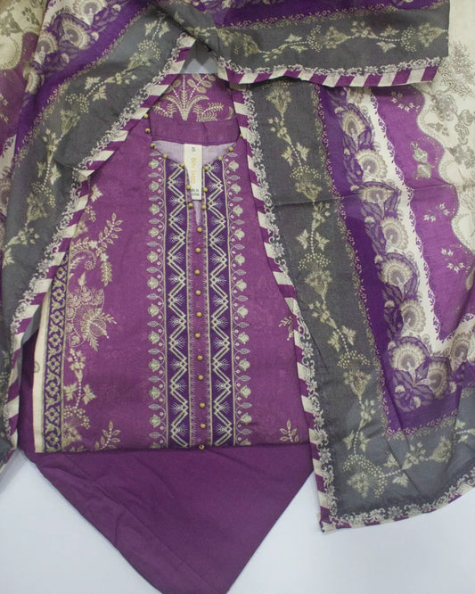 3 Piece Printed Stitched Orchid Color Cotton Shirt with Trouser & Dupatta