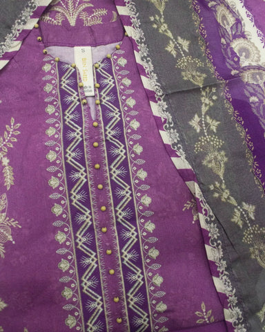 3 Piece Printed Stitched Orchid Color Cotton Shirt with Trouser & Dupatta