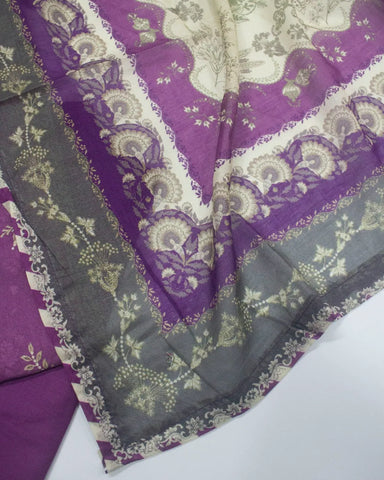 3 Piece Printed Stitched Orchid Color Cotton Shirt with Trouser & Dupatta