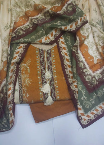 3 Piece Printed Stitched Honey Orange Color Lawn Shirt with Trouser & Dupatta