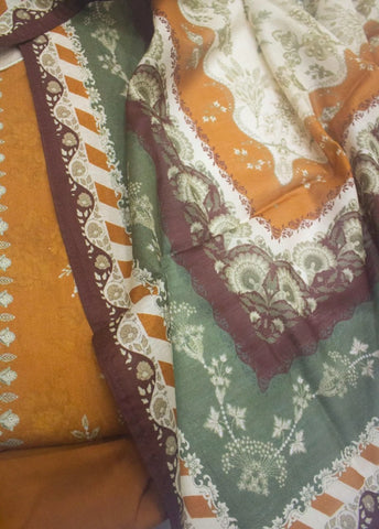 3 Piece Printed Stitched Honey Orange Color Lawn Shirt with Trouser & Dupatta