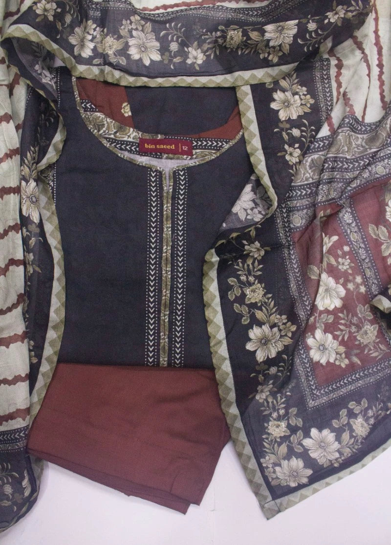 3 Piece Printed Stitched Black & Maroon Color Lawn Shirt with Trouser & Dupatta