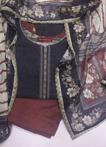3 Piece Printed Stitched Black & Maroon Color Lawn Shirt with Trouser & Dupatta