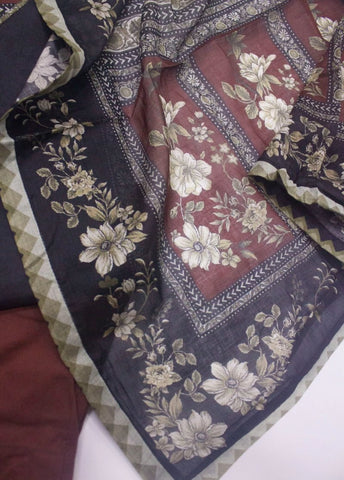 3 Piece Printed Stitched Black & Maroon Color Lawn Shirt with Trouser & Dupatta