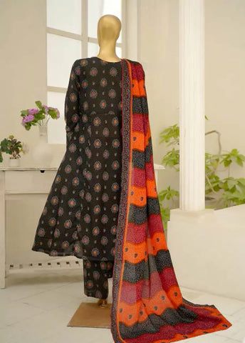 3 Piece Embroidred Stitched Black Color Lawn Frock with Trouser & Dupatta