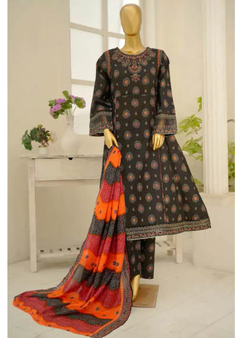 3 Piece Embroidred Stitched Black Color Lawn Frock with Trouser & Dupatta