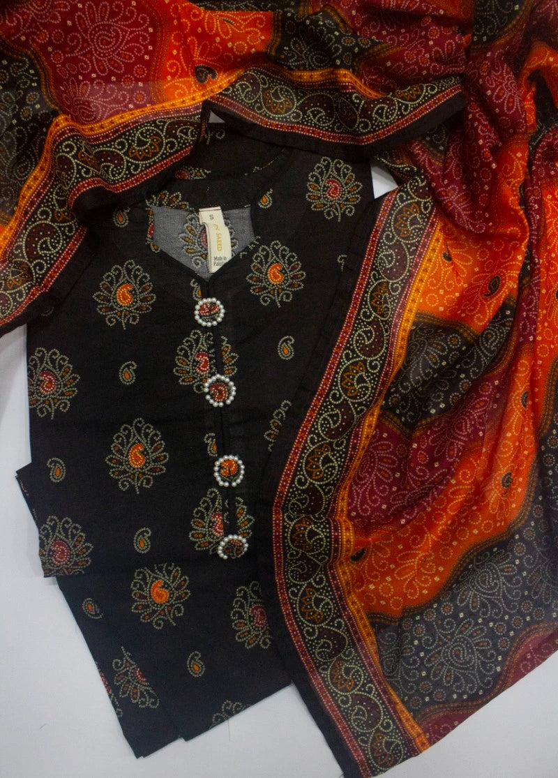 3 Piece Printed Stitched Black Color Lawn Shirt with Trouser & Dupatta