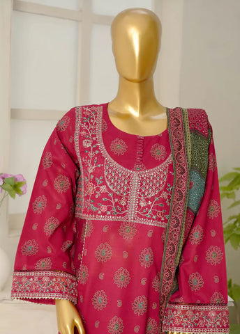 3 Piece Embroidred Stitched Shocking Pink Color Lawn Frock with Trouser & Dupatta
