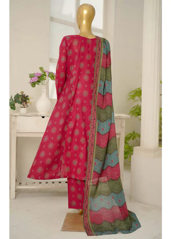3 Piece Embroidred Stitched Shocking Pink Color Lawn Frock with Trouser & Dupatta