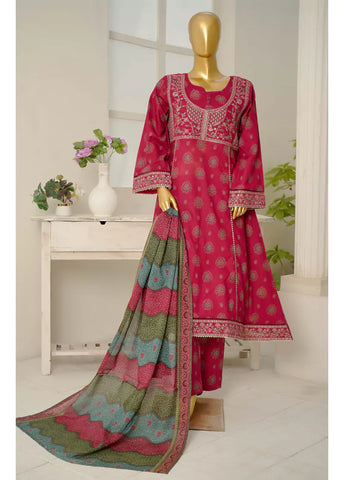3 Piece Embroidred Stitched Shocking Pink Color Lawn Frock with Trouser & Dupatta
