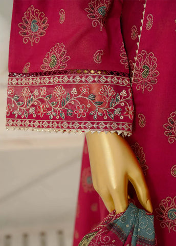 3 Piece Embroidred Stitched Shocking Pink Color Lawn Frock with Trouser & Dupatta