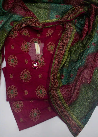 3 Piece Printed Stitched Maroon Color Lawn Shirt with Trouser & Dupatta