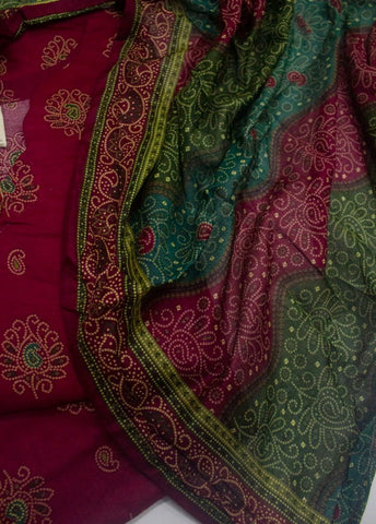 3 Piece Printed Stitched Maroon Color Lawn Shirt with Trouser & Dupatta