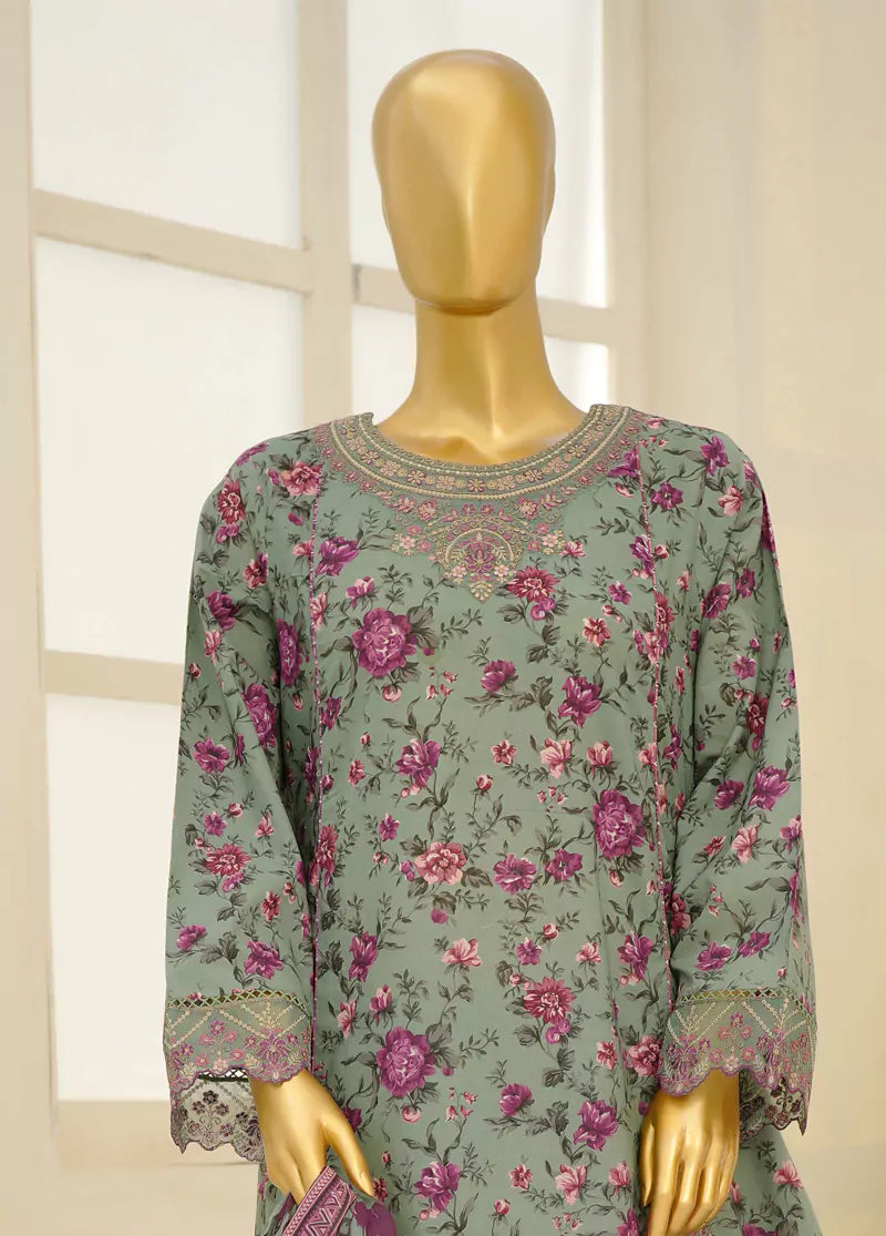 3 Piece Embroidred Stitched Mint Green Color Lawn Frock with Trouser & Dupatta
