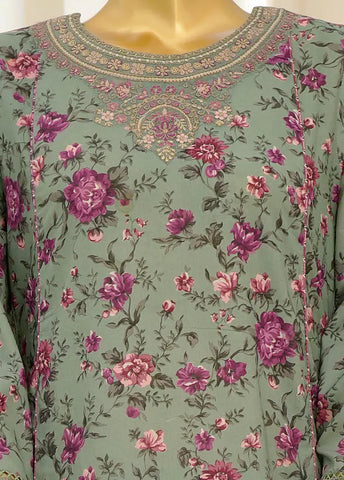 3 Piece Embroidred Stitched Mint Green Color Lawn Frock with Trouser & Dupatta