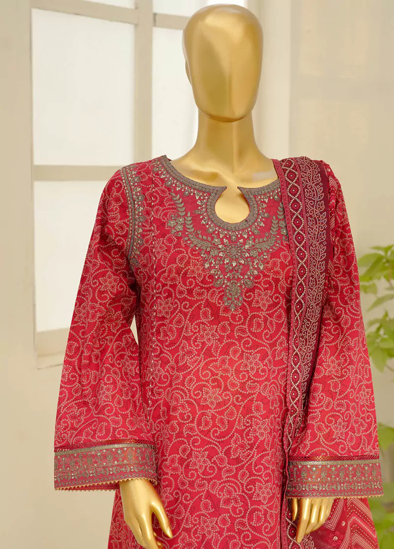 3 Piece Embroidred Stitched Red Color Lawn Frock with Trouser & Dupatta