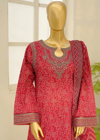 3 Piece Embroidred Stitched Red Color Lawn Frock with Trouser & Dupatta