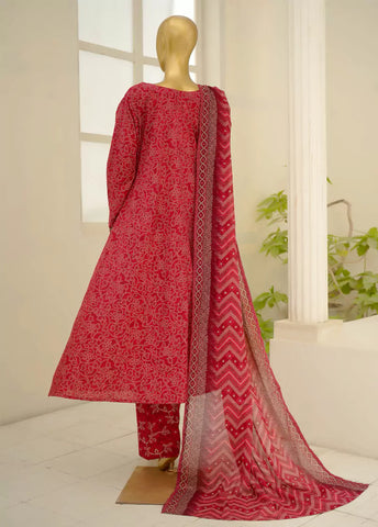 3 Piece Embroidred Stitched Red Color Lawn Frock with Trouser & Dupatta