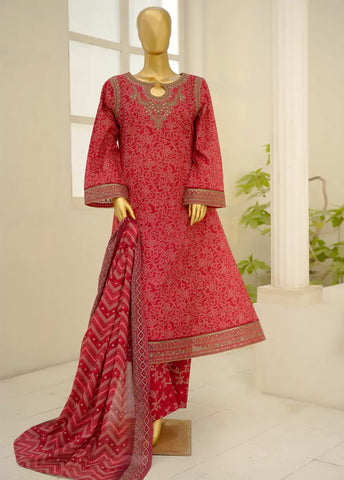 3 Piece Embroidred Stitched Red Color Lawn Frock with Trouser & Dupatta