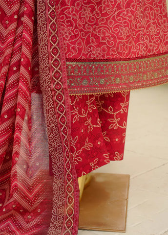 3 Piece Embroidred Stitched Red Color Lawn Frock with Trouser & Dupatta