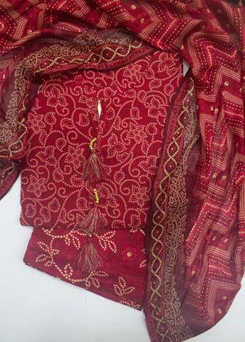 3 Piece Printed Stitched Red Color Lawn Shirt with Trouser & Dupatta