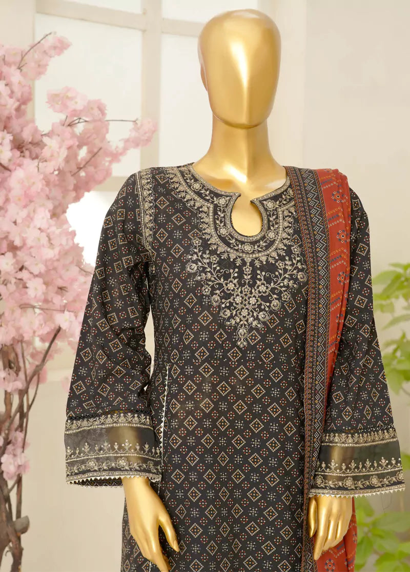 3 Piece Embroidred Stitched Color Lawn Frock with Trouser & Dupatta