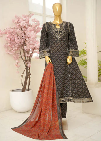 3 Piece Embroidred Stitched Color Lawn Frock with Trouser & Dupatta