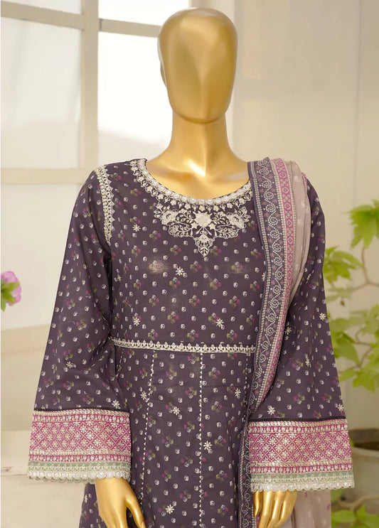 3 Piece Embroidred Stitched Purple Color Lawn Frock with Trouser & Dupatta