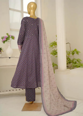 3 Piece Embroidred Stitched Purple Color Lawn Frock with Trouser & Dupatta