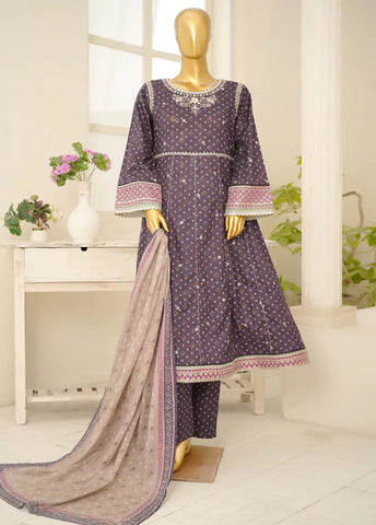 3 Piece Embroidred Stitched Purple Color Lawn Frock with Trouser & Dupatta