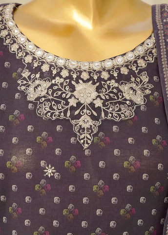 3 Piece Embroidred Stitched Purple Color Lawn Frock with Trouser & Dupatta