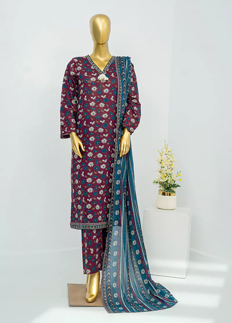 3 Piece Printed Stitched Maroon Color Lawn Shirt with Trouser & Dupatta