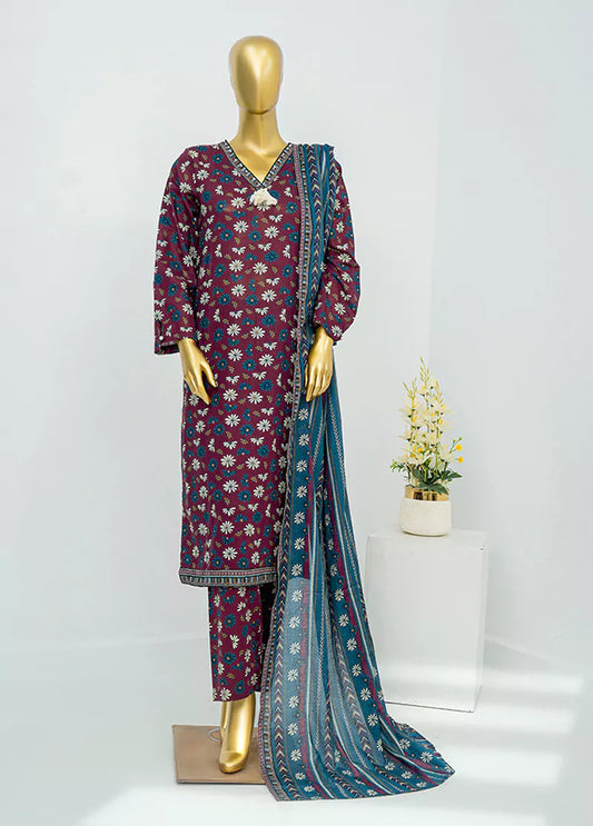 3 Piece Printed Stitched Maroon Color Lawn Shirt with Trouser & Dupatta