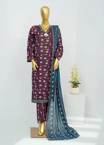 3 Piece Printed Stitched Maroon Color Lawn Shirt with Trouser & Dupatta