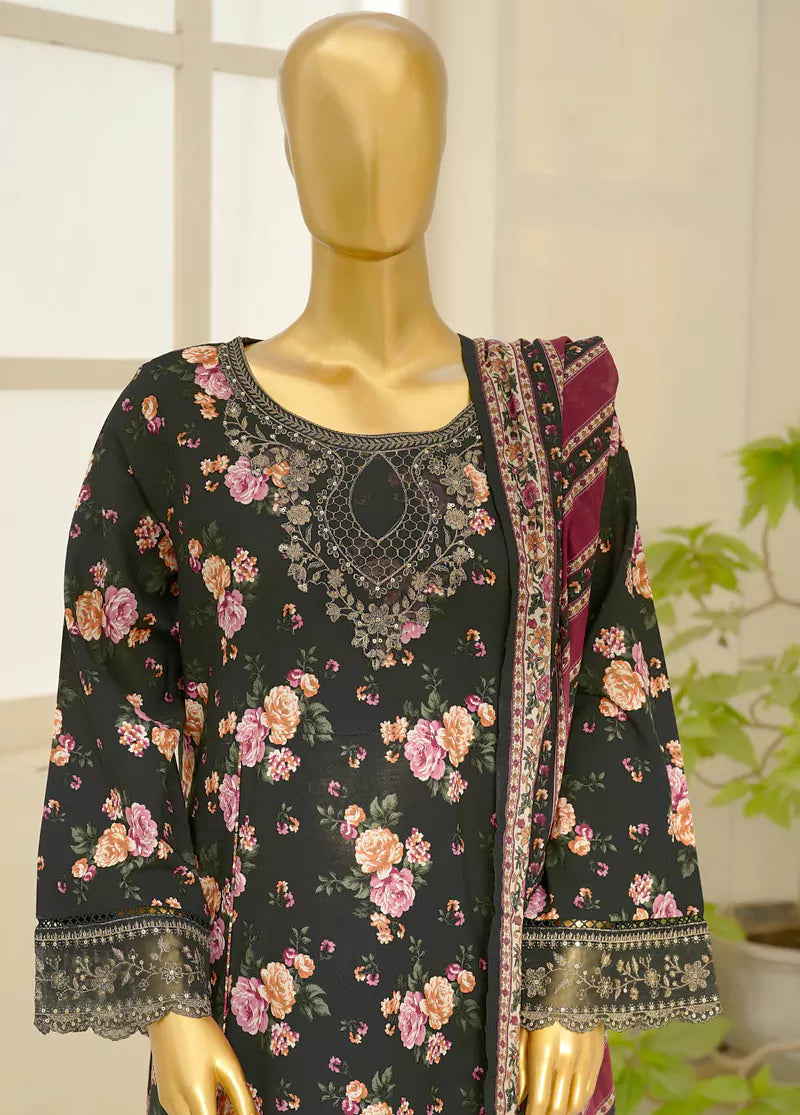 3 Piece Embroidred Stitched Black Color Lawn Frock with Trouser & Dupatta