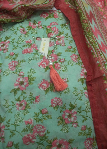 3 Piece Printed Stitched Turquoise Color Lawn Shirt with Trouser & Dupatta