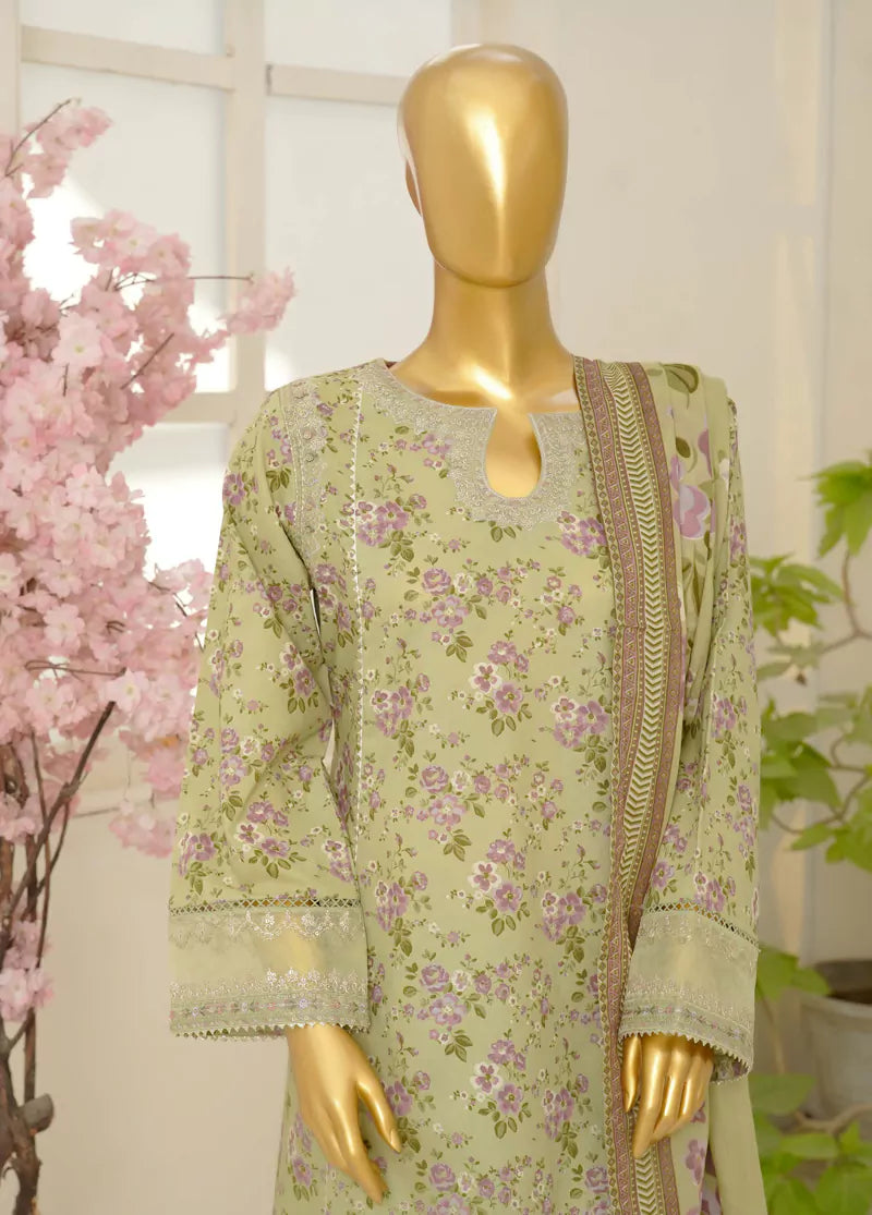 3 Piece Embroidred Stitched Pistachio Green Color Lawn Frock with Trouser & Dupatta