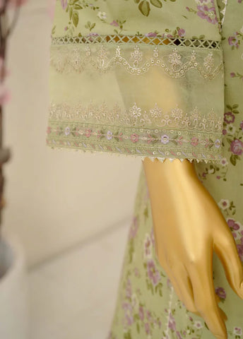 3 Piece Embroidred Stitched Pistachio Green Color Lawn Frock with Trouser & Dupatta