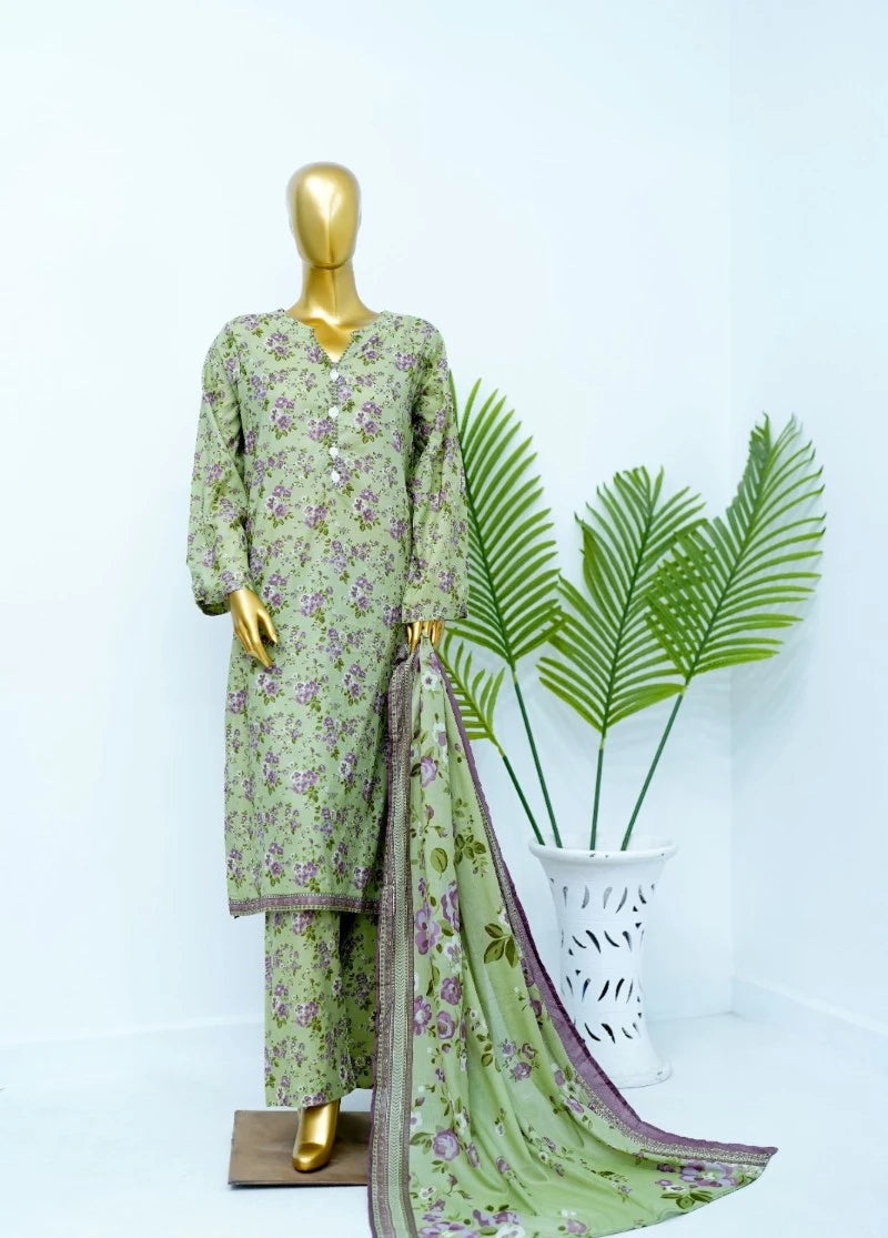 3 Piece Printed Stitched Pista Green Color Lawn Shirt with Trouser & Dupatta