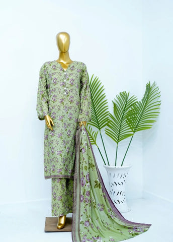 3 Piece Printed Stitched Pista Green Color Lawn Shirt with Trouser & Dupatta