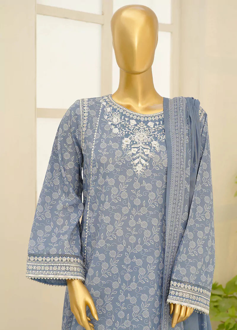 3 Piece Embroidred Stitched Ice Blue Color Lawn Frock with Trouser & Dupatta