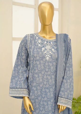 3 Piece Embroidred Stitched Ice Blue Color Lawn Frock with Trouser & Dupatta